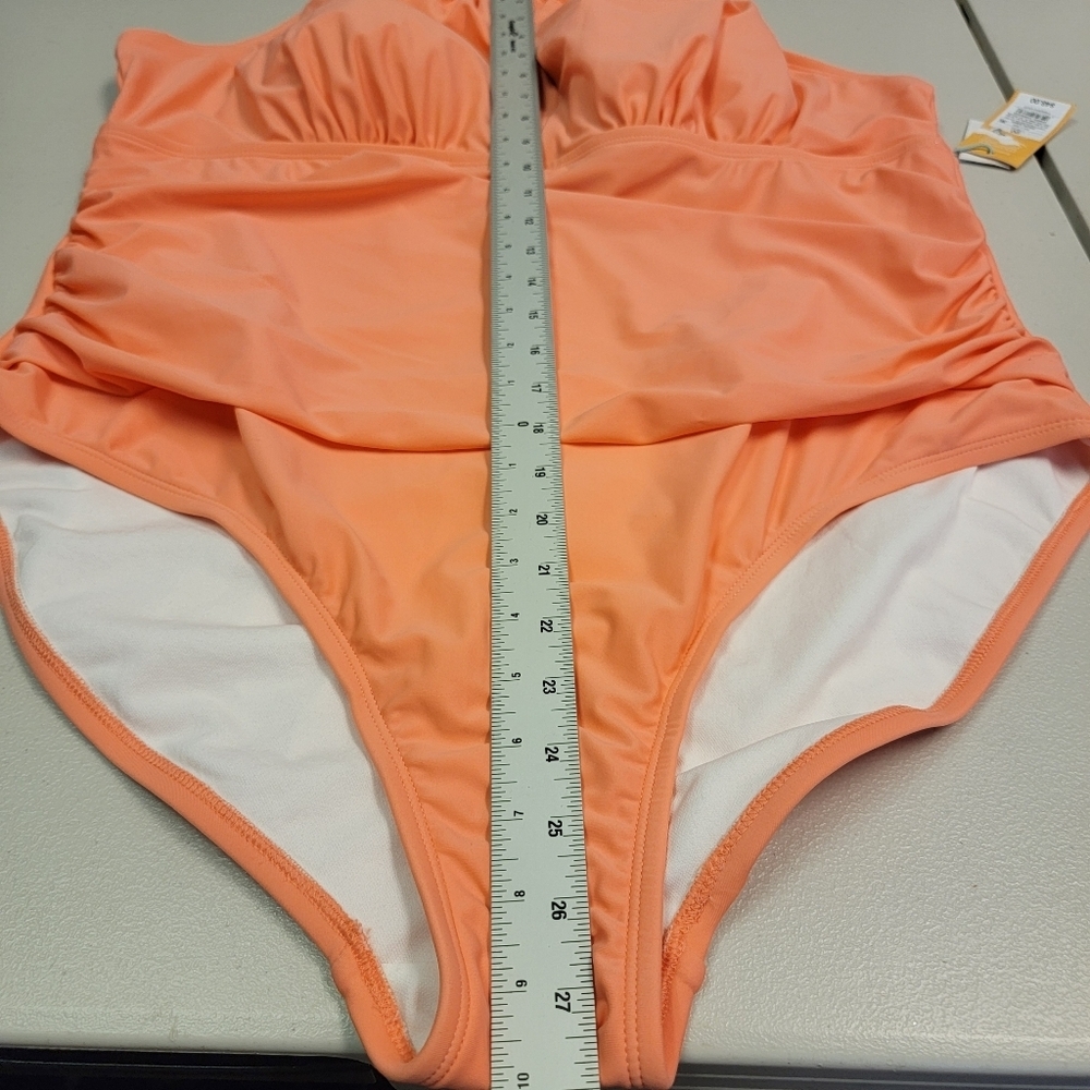 Kona Sol Coral Halter Retro Style Plus Size 20 Ruched One Piece Bathing Suit - Picture 4 of 6